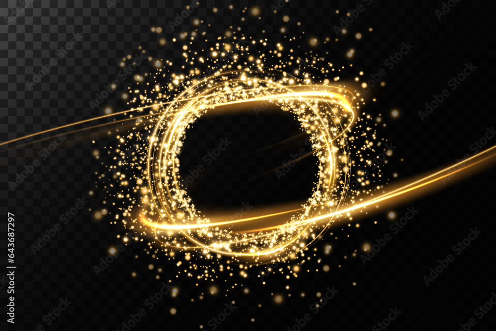 Poster golden neon ring. round shape with small particles of golden dust and lights, shiny frame on an isol