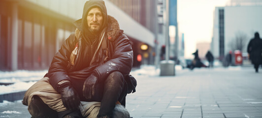 Homeless people on city streets, hungry homeless begging for help and money, Problems of big modern cities - obrazy, fototapety, plakaty