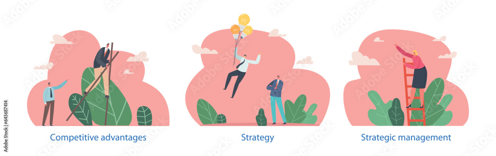 Poster isolated vector elements with competitive advantages scenes. business characters walking on stilts, 