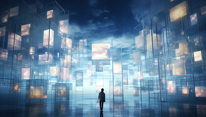 Fototapeta na wymiar Imaginative scene with floating multimedia screens that project captivating and dreamlike images