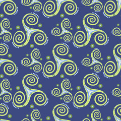Ethnic triple spiral celtic triskele sacred symbol seamless pattern. Three legs