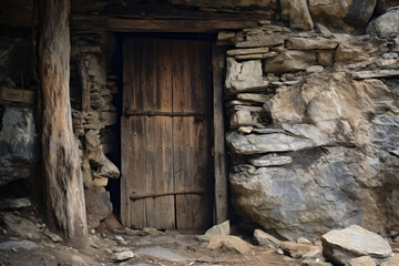 Fototapeta na wymiar Primitive wooden door in old stony hut