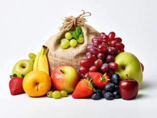Naklejka na ściany i meble Assorted fresh fruits spilled from a burlap sack onto a pristine white background. Colorful variety, farm-fresh, healthy nutrition, vibrant produce, made with Generative AI