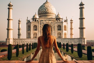 Environmental portrait photography of a cheerful girl in his 20s wearing an intricate lace top in front of the taj mahal in agra india. With generative AI technology