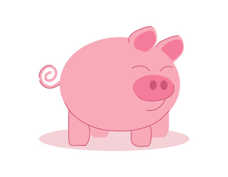 Cute pink cartoon smiling pig isolated on white background. Domestic farm animal. Vector illustration
