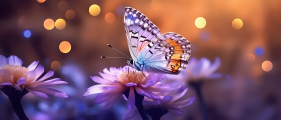 butterfly atop purple lavender flowers with the sun behind it, in the style of warm color palettes, joyful celebration of nature, light orange and light azure, romantic atmosphere, Generative AI