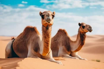 Deurstickers Two camels sitting with background of cloudy sky and orange sand in the desert © Fabio