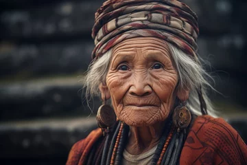 Crédence de cuisine en verre imprimé Machu Picchu Close-up portrait photography of a merry old woman wearing a lace bralette at the machu picchu in cusco peru. With generative AI technology