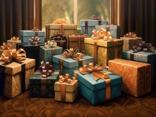 Elegantly wrapped New Year's gifts arranged in a neat row, anticipation fills the air, made with Generative AI