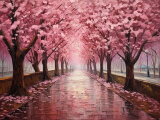 Exquisite cherry blossom avenue, petals fall like gentle rain, spring's embrace, made with Generative AI