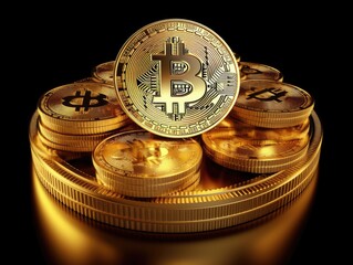 Gold Bitcoin Art 3d with black background , bitcoin gold coins , crypto technology, made with Generative AI