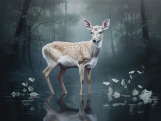 Graceful fawn, the embodiment of innocence, captured elegantly on a translucent backdrop, reflecting forest purity, made with Generative AI