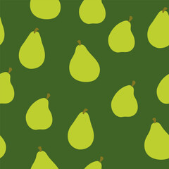 Vector seamless pattern with bright green pears. Hand-drawn fruits on a green background. Calm background for advertising or advertising banner.