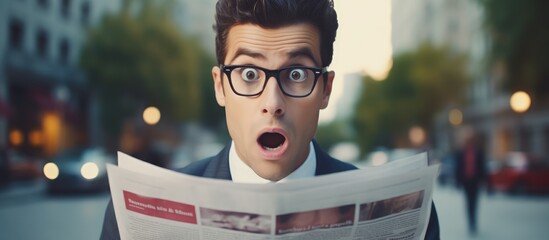 Angry man with glasses reacts to misleading news in newspaper - obrazy, fototapety, plakaty