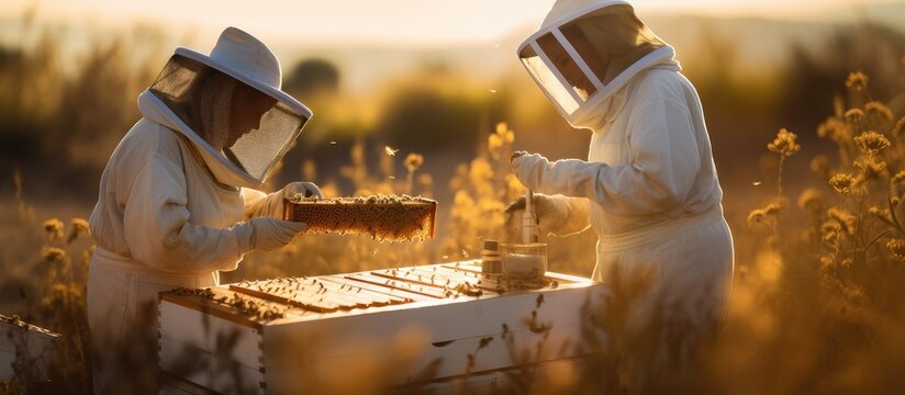 A man and a woman beekeepers handling honeycombs outdoors