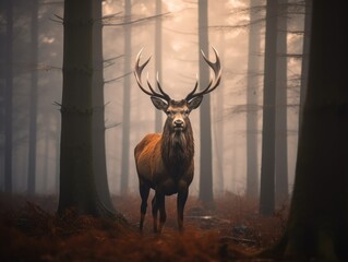 Majestic European Red Deer, impressive mammal roams misty forest at dawn, made with Generative AI
