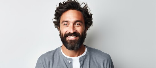 30 year old man with dark hair and beard posing against white background with copy space