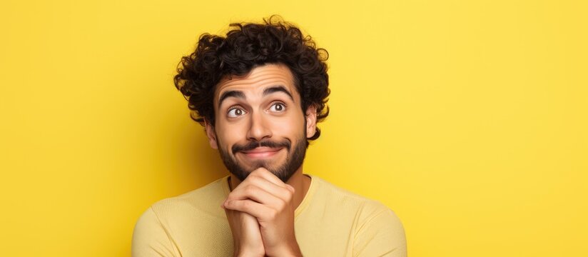 Latin man amazed and delighted isolating on yellow background holds copy space on palm