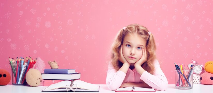 Caucasian girl writing homework in August back to school concept - Powered by Adobe