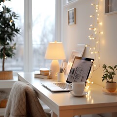 Minimalist workspace: A blurred background with a clean, uncluttered desk and a hint of festive lights in the background. Productive, serene, holiday touch, made with Generative AI