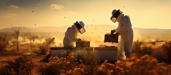A man and a woman beekeepers handling honeycombs outdoors