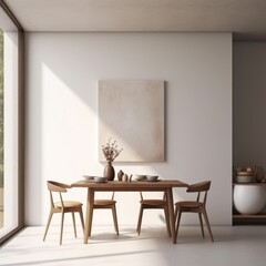 Minimalist dining arrangement: An empty dining table in a minimalistic setup, with a gentle blur that imparts a sense of calmness and elegance, made with Generative AI