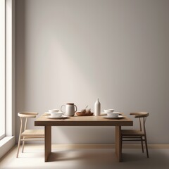 Minimalist dining arrangement: An empty dining table in a minimalistic setup, with a gentle blur that imparts a sense of calmness and elegance, made with Generative AI