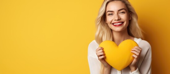 A joyful young blonde woman smiling with one hand near her heart and the other extended forward beside a yellow wall - obrazy, fototapety, plakaty