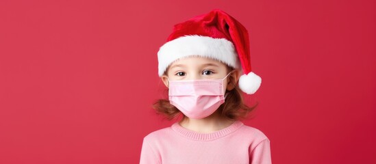Fototapeta na wymiar Young girl wearing Santa hat and mask on pink backdrop Joyful 2021 ahead Room for text Happy child Anticipating Christmas