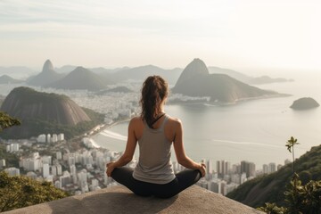 Lifestyle portrait photography of a blissful girl in his 30s wearing a comfortable yoga top near the christ the redeemer in rio de janeiro brazil. With generative AI technology