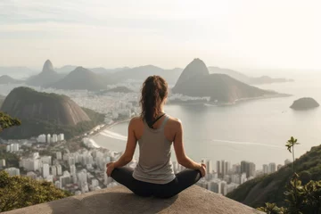 Türaufkleber Rio de Janeiro Lifestyle portrait photography of a blissful girl in his 30s wearing a comfortable yoga top near the christ the redeemer in rio de janeiro brazil. With generative AI technology