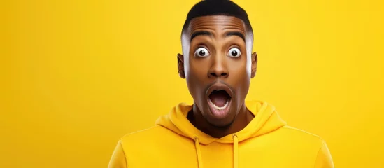 Fotobehang Astonished person of mixed ethnicities with open mouth on yellow background © vxnaghiyev