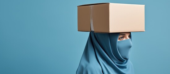 Arab Muslim woman balancing cardboard box atop her head