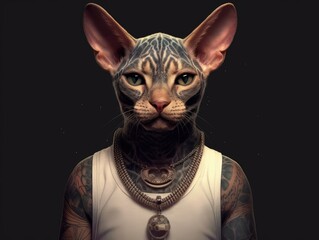 rapper cat with tattoos and mouth grills, made with Generative AI - obrazy, fototapety, plakaty