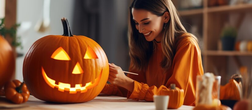 Adult woman in orange attire diligently painting a pumpkin with eyes and mouth for Halloween representing the concept of people at home and allowing space for additional content