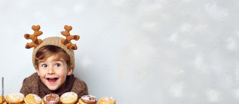 Aufkleber little boy with reindeer horns and cookies on bright background with text space