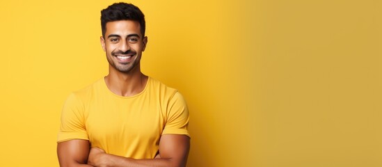 Confident Indian man in casual t shirt stands with arms crossed on yellow background representing success