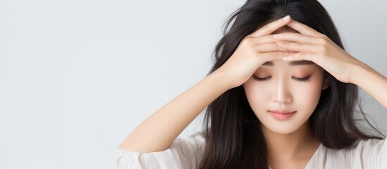 Fototapeta premium Asian woman with arms covering eyes on white background