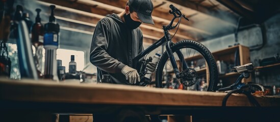 A Hispanic young man wearing a mask spray paints a bicycle frame in his workshop