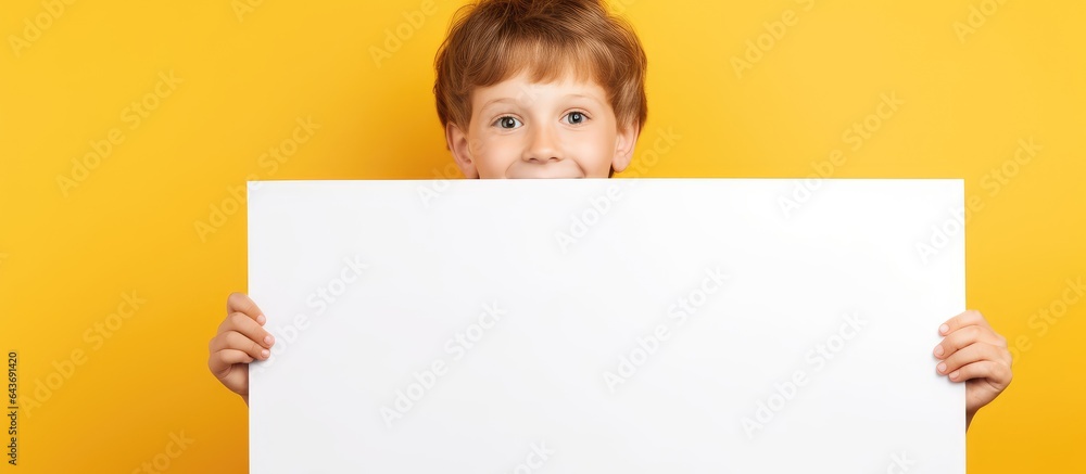 Poster a happy young boy stands behind a white advertising board smiling at the camera with space for text 