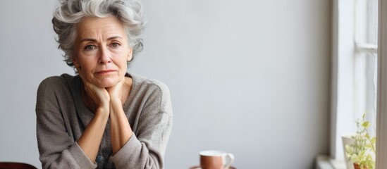 Sad elderly white woman at home on International Widows Day contemplating loneliness and problems in widowhood with space for text