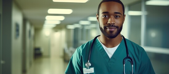 African American male doctor in hospital corridor wearing scrubs copy space available