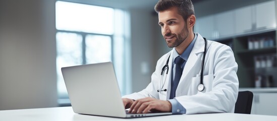 Male doctor photographed at desk in medical office using laptop