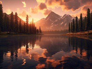 Tranquil sunset over serene alpine lake, mirrored reflection on still water, made with Generative AI
