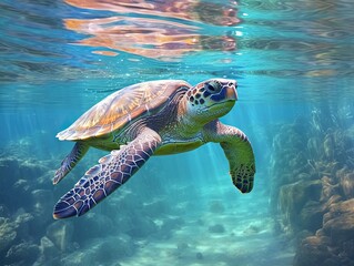 an old turtle swims in the water, above the surface of the water, blue ocean, made with Generative AI