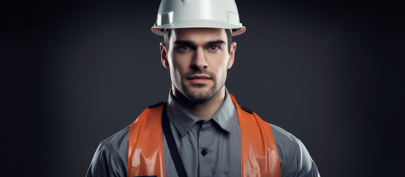 Composite image of a confident young male architect in workwear with copy space He is portrayed against a gray background emphasizing safety and protection