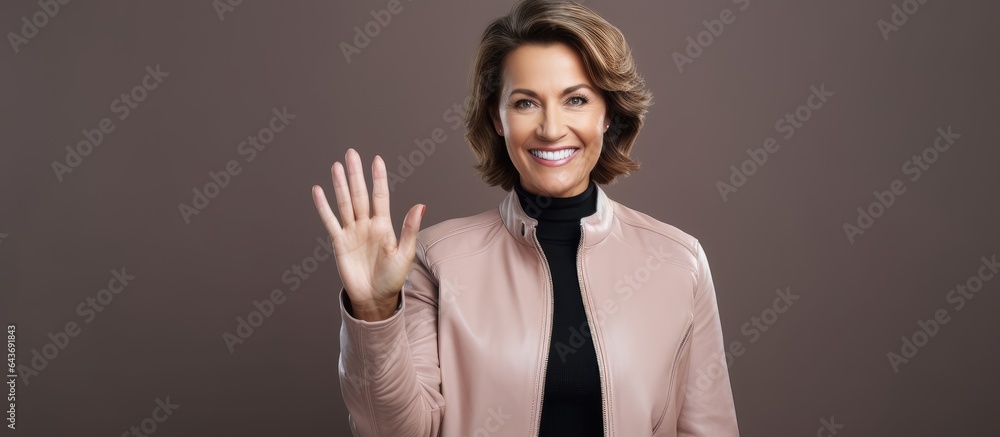 Poster Mature woman in jacket showcasing empty paper mockup in studio with space for text