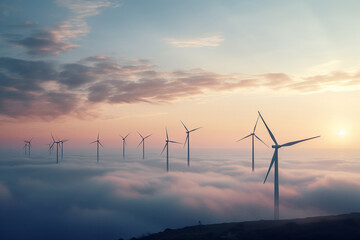 Obraz premium wind turbine farm with sea ,sunset and sky.Renewable energy concept .Created with Generative AI technology.