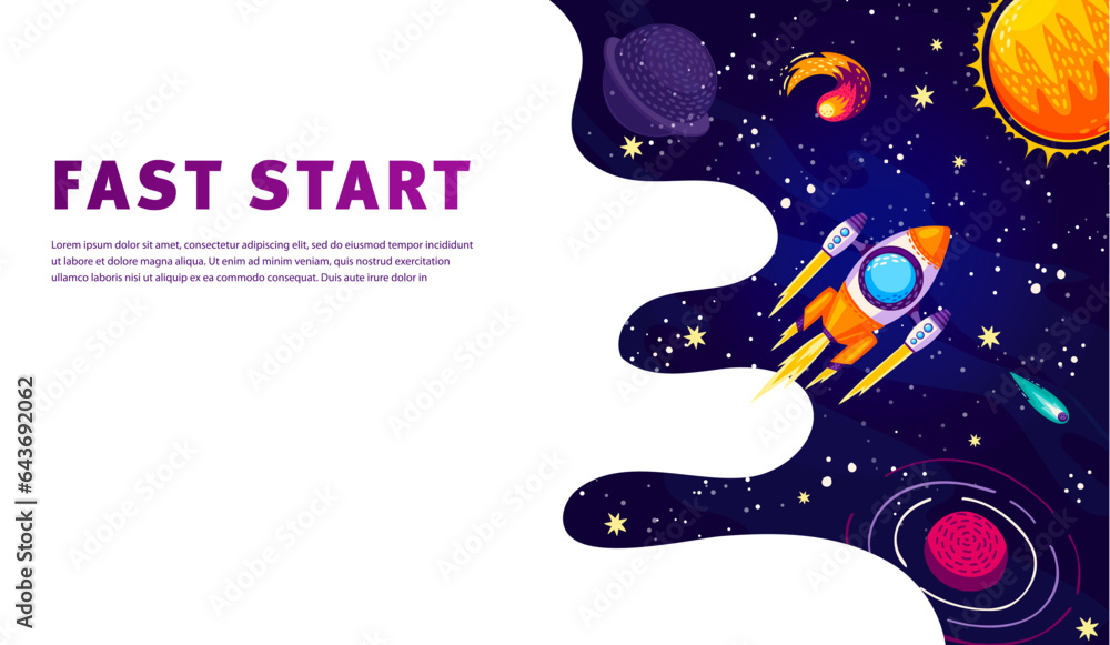 Poster Fast start business concept poster. Space rocket in starry galaxy. Startup launch website background, business project web page vector layout with cartoon spaceship flying in outerspace, space planets