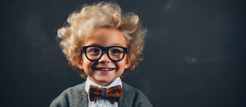 Smart child wearing glasses wig and mustache resembles a mini professor studying in front of a camera Blackboard backdrop with room for text Academic Young Scientist